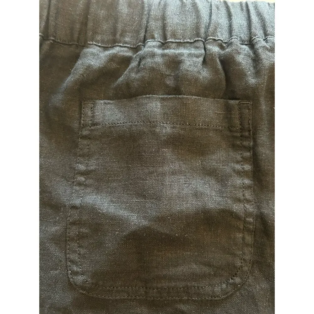 Quince Womens Sz Medium Black European Linen Pants Elastic Waist Cropped Coastal